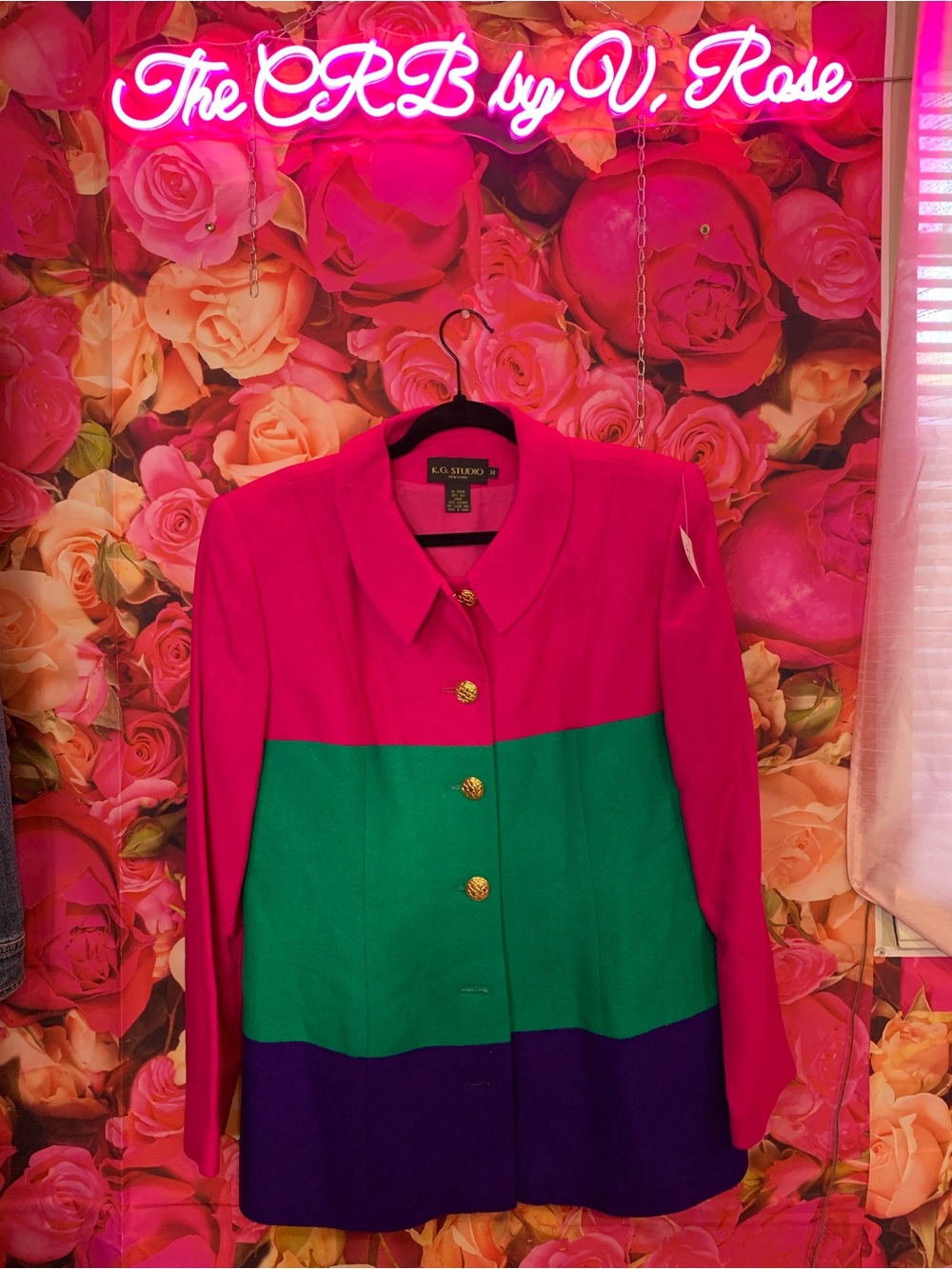 KG Studio New York 100% Silk 80s Colorblock Pink Green Purple Blazer